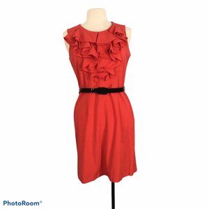Soho Apparel Red Sleeveless Sheath Dress, Ruffled Front, Black‎ Patent Belt 10P